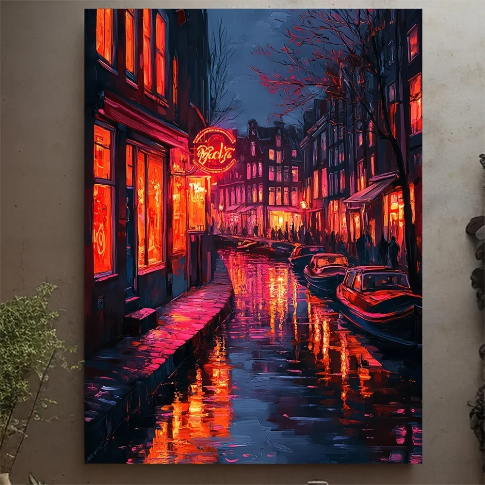 (No frame)1pc Vibrant Amsterdam Red Light District Canvas Art Print with Wooden Frame - 12x16 Inch, Modern Night Scene, Hook