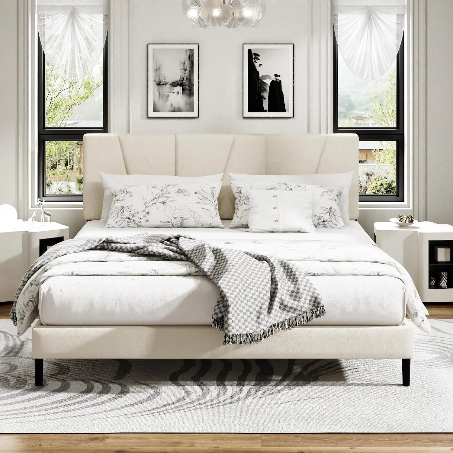 King Size Platform Bed Frame with Upholstered Headboard, Wooden Slats Support, Noise Free, No Box Spring Needed, Easy