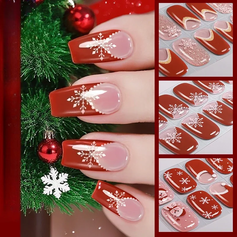 1 hoja de envolturas de uñas de Gel de Navidad UV sin hornear, diseños de hojas de flores, pegatinas adhesivas para uñas de invierno de Año Nuevo, calcomanías de decoración