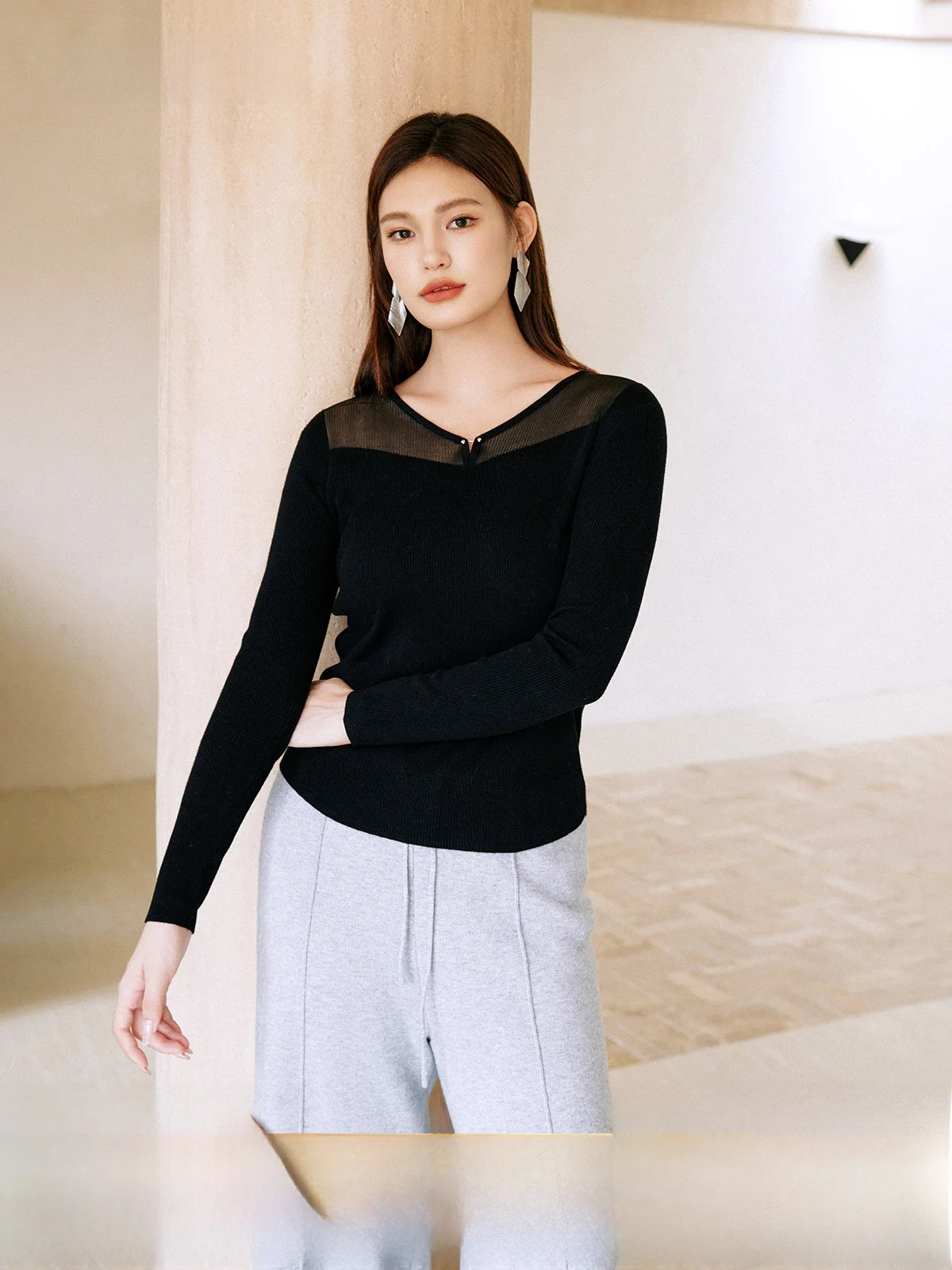 

Plusmall Morning Mist Шелковая шерстяная смесь Long Sve Base irt Heart Neline Теплый полупрозрачный утягивающий вязаный женский топ