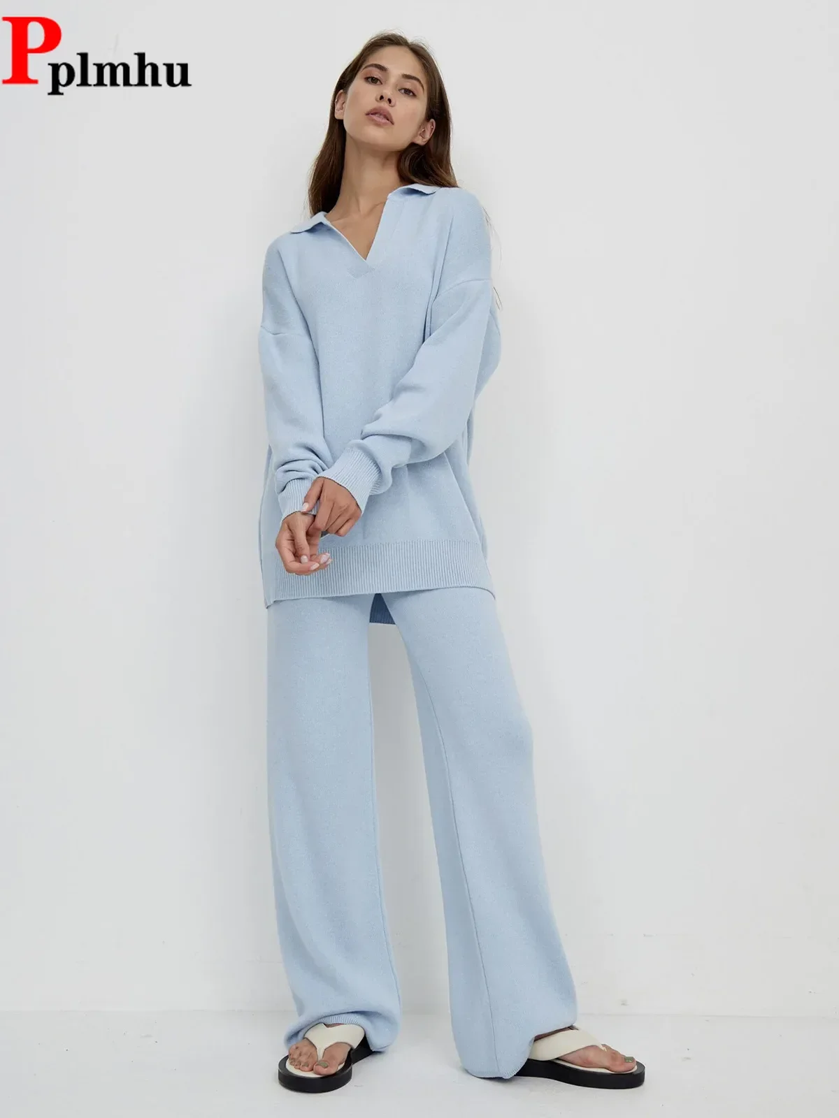 

Korean Loose Jerseys Pullover Tops Conjuntos Casual Baggy High Waist Wide Leg Pants Suits Senior Knitted Sweater 2 Pieces Sets