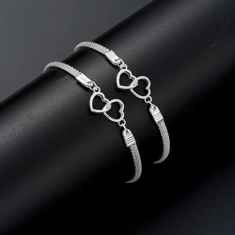 

【JYA1】2 Pcs Set Love Heart Couple Bracelets For Women Men Silver Color Double Layer Matching Chain Bracelet Lover Jewelry Gift