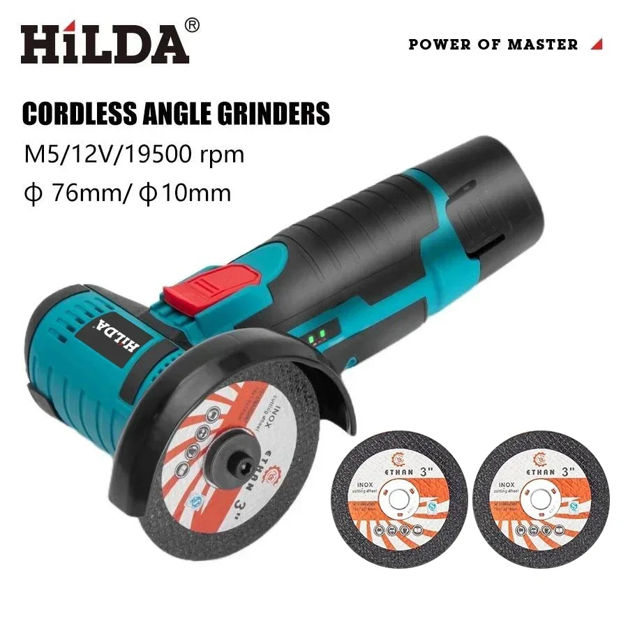 HILDA 12V 3/4 Inch Lithium Electric Angle Grinder Rechargeable Battery Brushed Polishing Machine Mini Cutting Machine