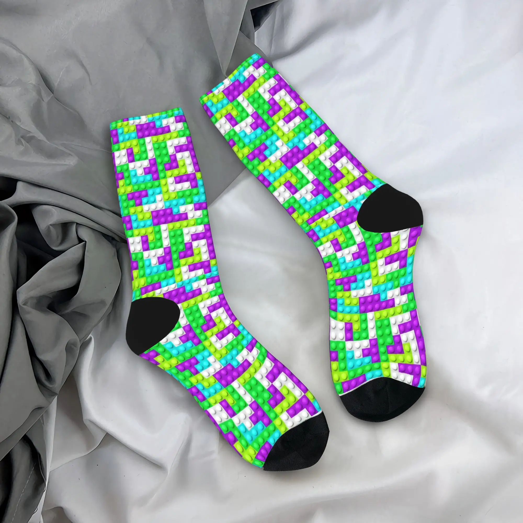 Lime Green Purple Building Blocks Pattern Stockings Gothic Socks Couple Breathable Socks Winter Outdoor Design Non Slip Socks