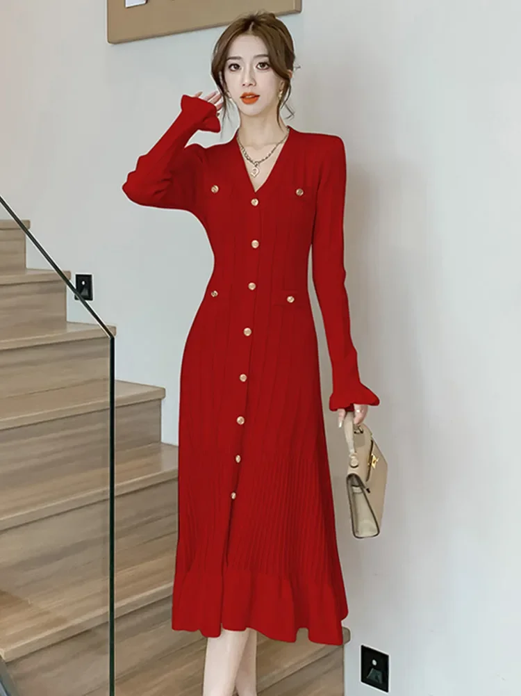 New Autumn Winter Ribbing Knitted Dress Women V-Neck Long Sleeve Fashion Ruffles Hem Mermaid Dresses Elegant Vestidos Robes