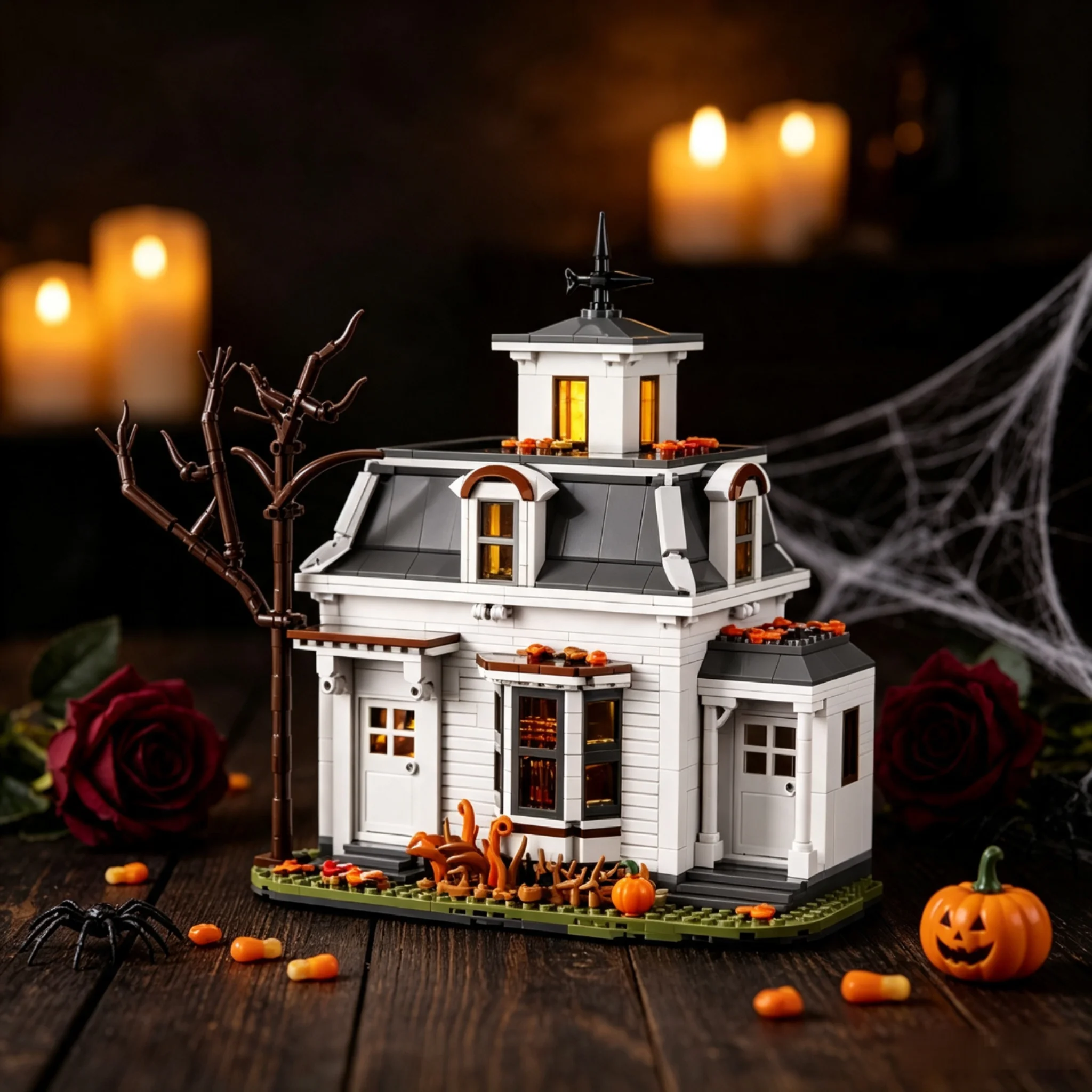 Halloween Spooky White Cottage Building Blocks Set Magic Haunted House Architecture Model Bricks Home Decoration Gifts for Adult