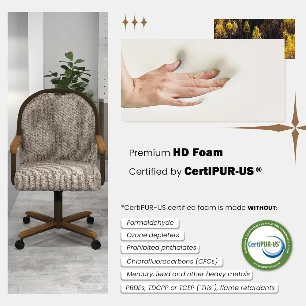 Повседневный обеденный стул. Классический обеденный стул с поворотным наклоном и роликами, деревянные подлокотники. Обеденный стул на металлическом основании с роликами.