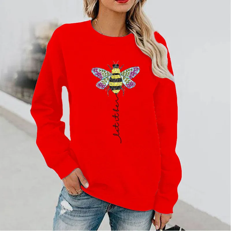 Bee Fun Print Long Sleeve Hoodless Crewneck Hoodie Lady Sweatshirt  Streetwear Women  Sweatshirts Clothes