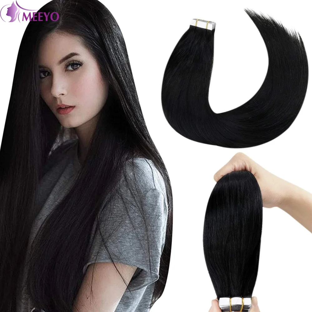 Tape In Hair Extensions Human Hair Skin Weft Extensions 16 18 20 Inches For Woman Real Human Hair Straight Natural Black Color