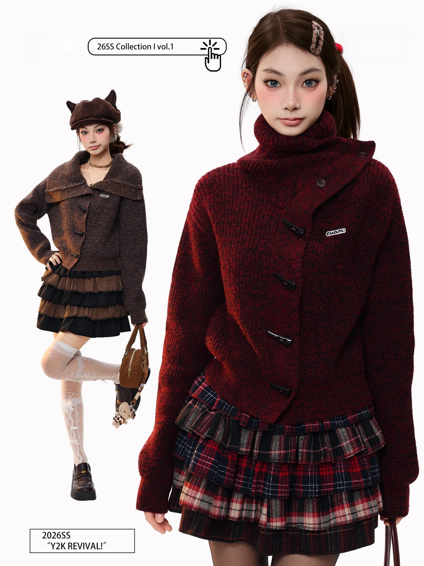 

PBB American Retro Striped Stand Collar Wine Red Knitted Sweater Women's Button Lazy Faionable Sweater Coat Winter Street S...