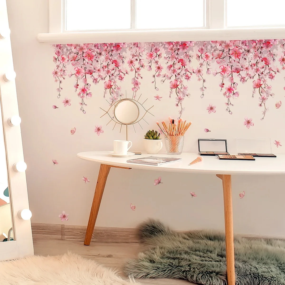 1pc Pink Flower Vine Cherry Blossom Wall Sticker For Living Room Bedroom Home Decor