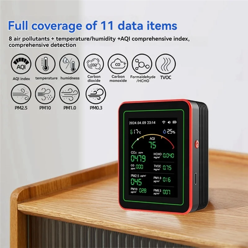 SQPP-Tuya Wifi 15-en-1 Detector de calidad del aire portátil para el hogar PM0.3 PM1.0 PM2.5 PM10 CO CO2 probador con función de alarma