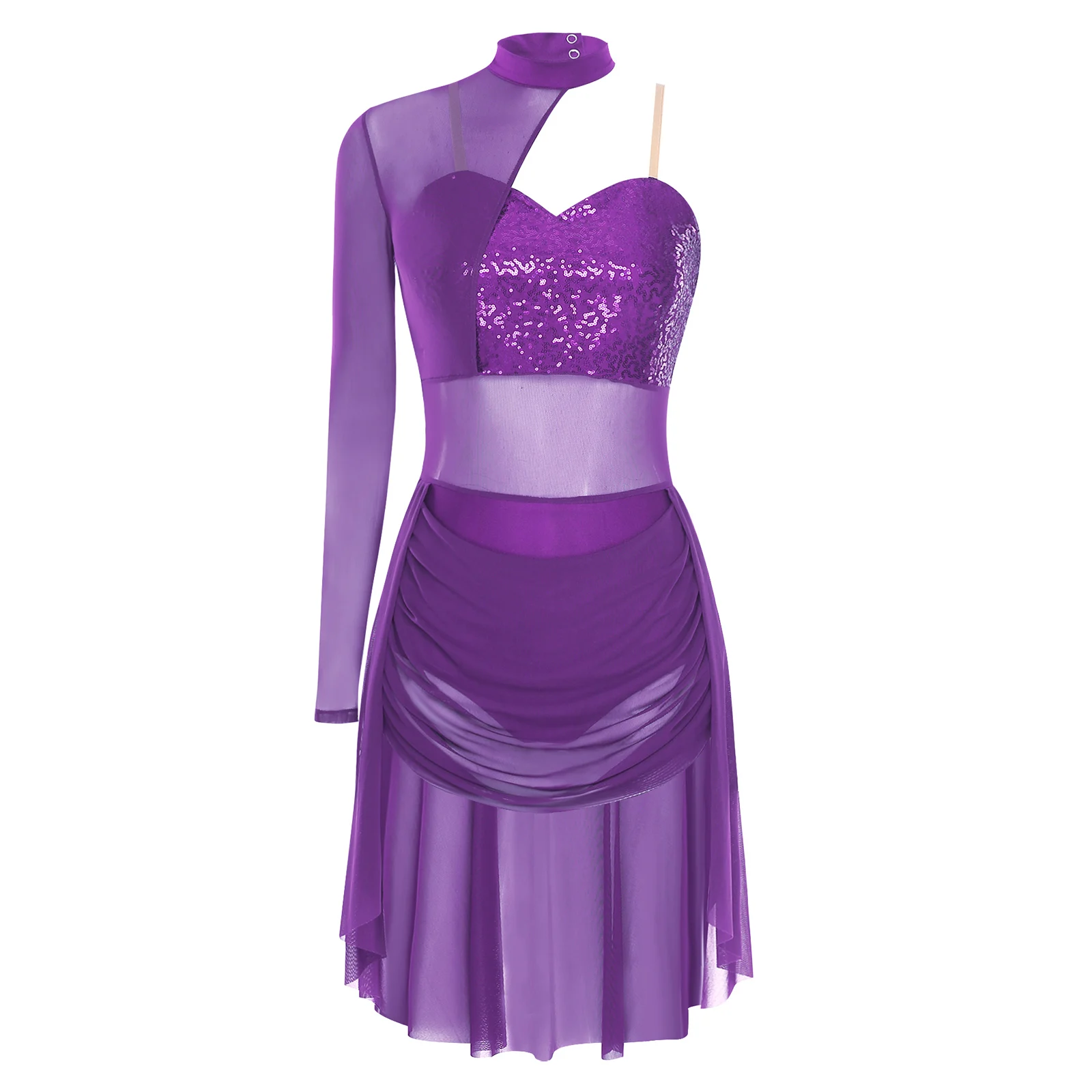 

Women Figure Skating Leotards Costume Lyrical Ballet Modern Dance Dress One Sleeve Mesh Patchwork Sequined Bodysuit Dance Dress
