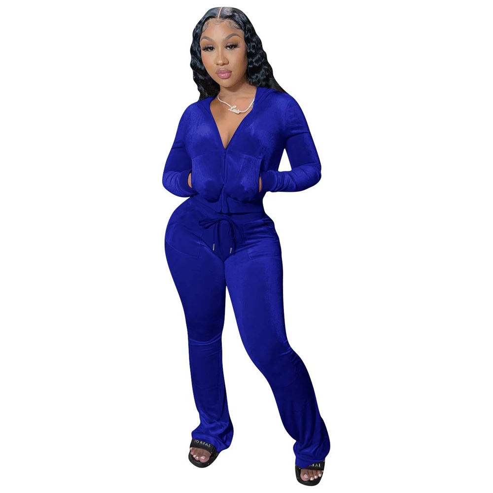 JENYAGE Damen Y2K Einfarbiger Velours Zweiteiler Trainingsanzug mit Reißverschluss-Kapuzenjacke und ausgestellter Hose mit Kordelzug, lässiger Jogginganzug – Detail 10