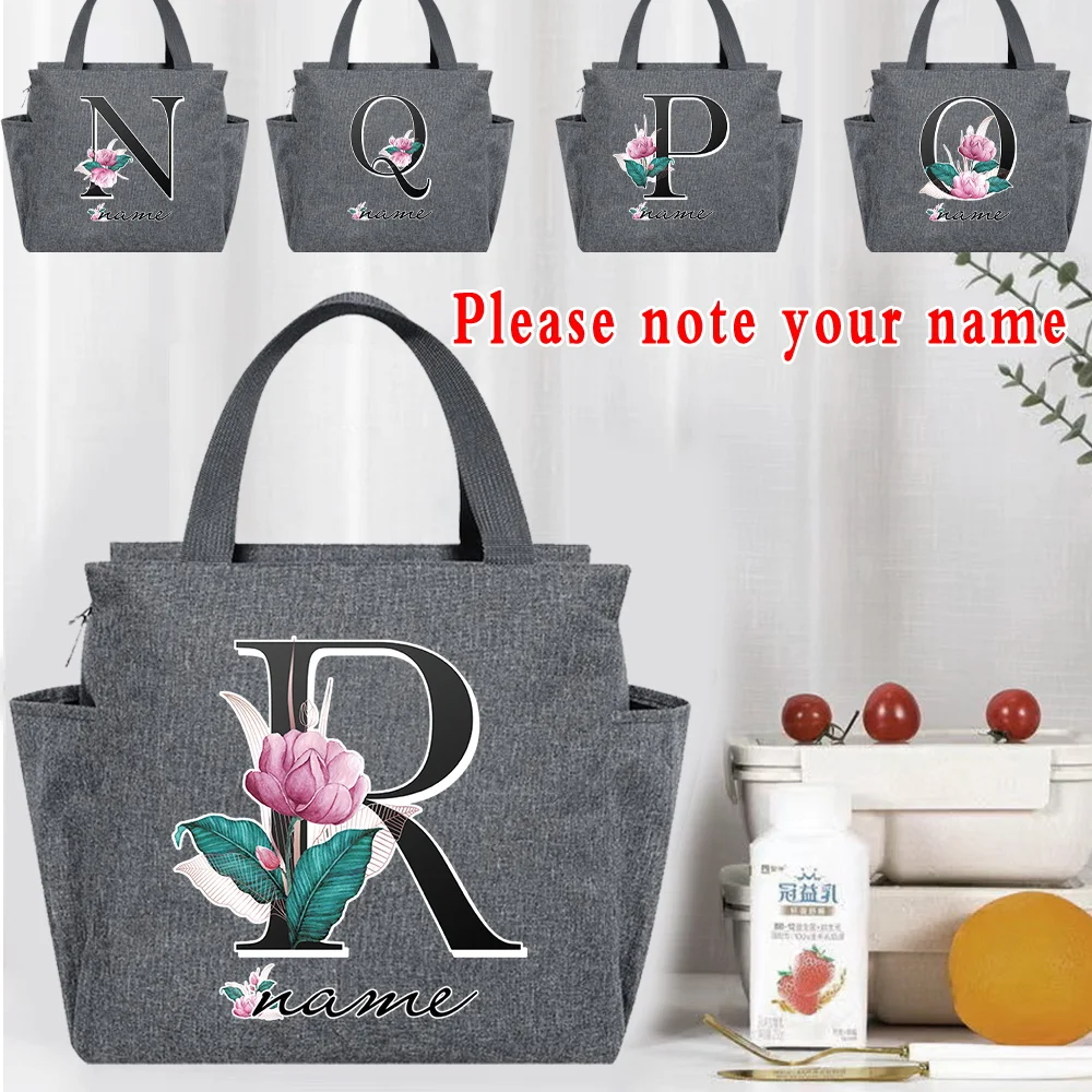 Customized Name Black Letter Lunch Bag Insulated Thermal Canvas Handbag Picnic Unisex Travel Lunch Box Portable Food Tote Bags