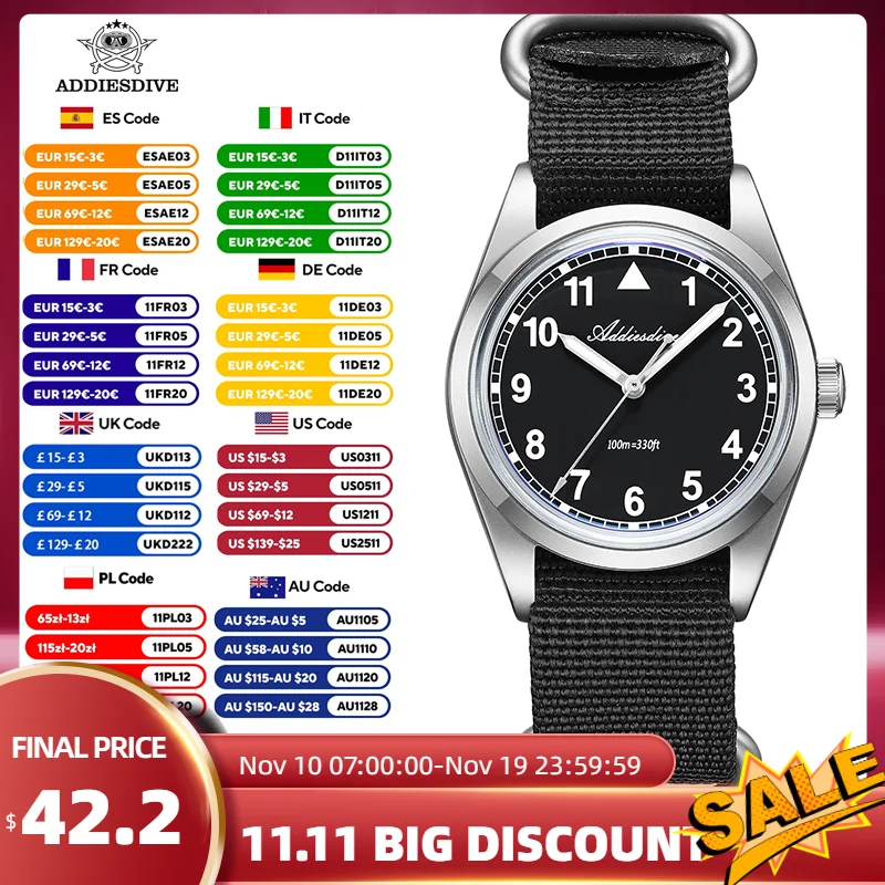 

ADDIESDIVE 36mm Retro Military Watch K1Mineral Glass Stainless Steel Luminous Watches Vintage Men Wristwatch AD2079 reloj hombre