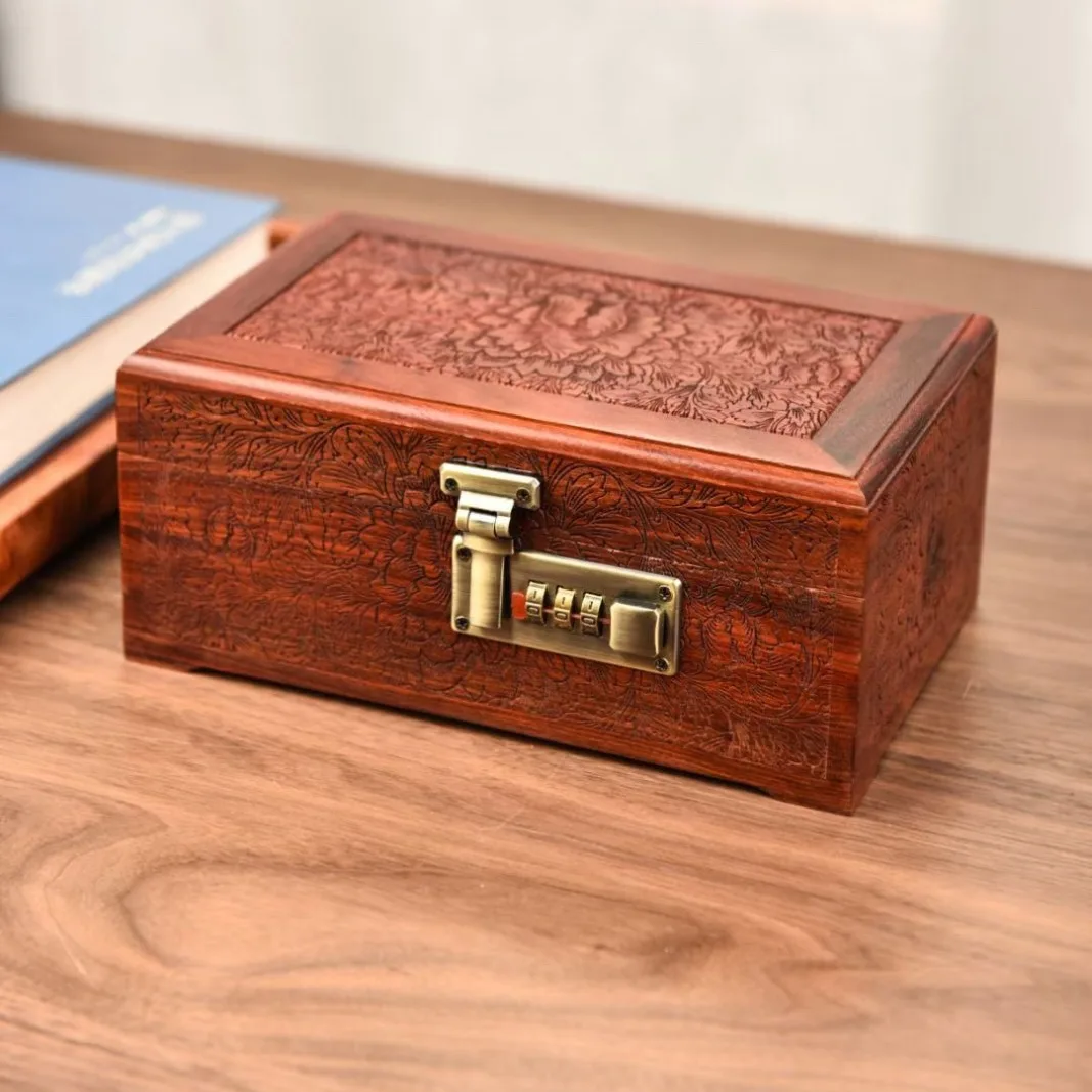 Redwood Jewelry Box, Password Lock, Chinese Carved Storage Box, Solid Wood Makeup Box