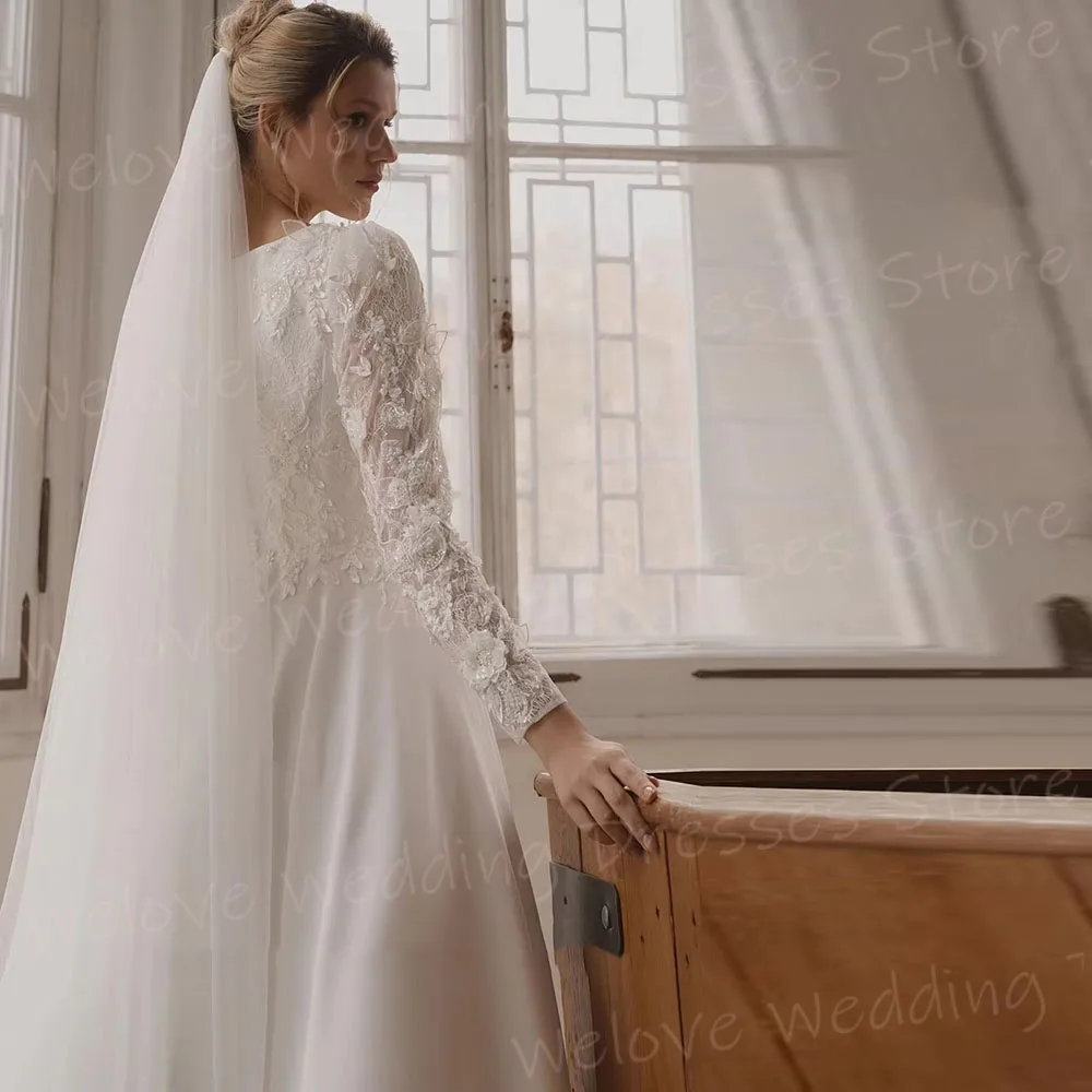 فساتين زفاف نسائية أنيقة على شكل حرف A مزينة بالدانتيل رداء De Mariée مخصص بأكمام طويلة ورقبة دائرية فساتين العروس Vestido De Novia