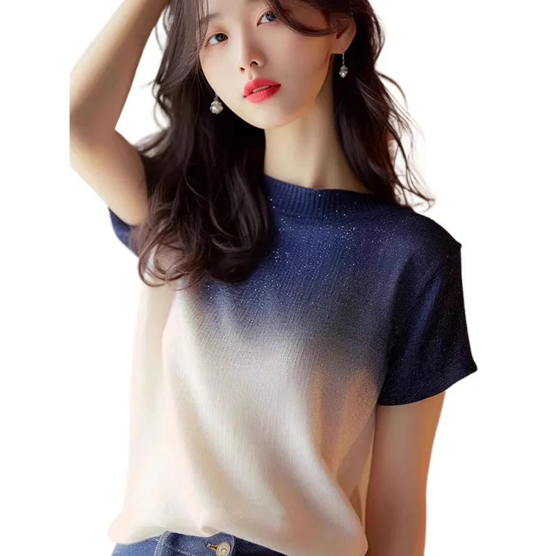 2026 Fashionable High-End Gradient Color Short-Sleeve T-Shirt Summer Design Shimmer Pullover Casual Top For Women