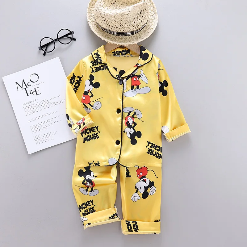 Disney-Pijama de Mickey Mouse para niños, traje de satén de seda, Top de manga larga y pantalones, 2 piezas, conjunto de satén de dibujos animados