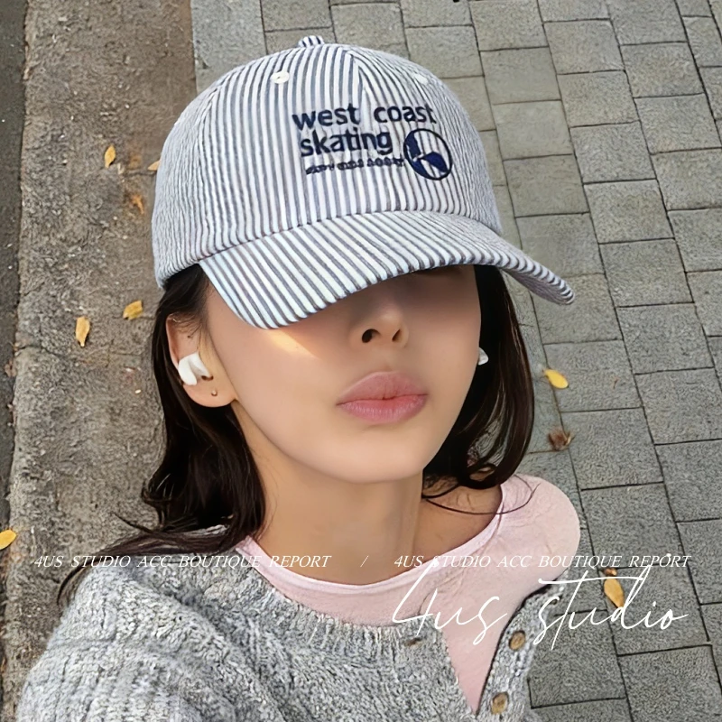 1pc Striped Embroidered Baseball Cap for Women,outdoor Leisure Windproof Fresh and Cute Sunshade Caps,suitable for Daily Wear