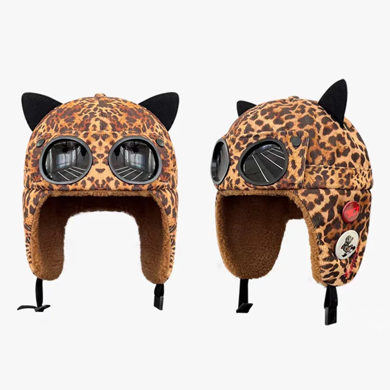 

Unisex Winter Trapper Hat with Pilot Goggles Cat Ear Leopard Corduroy Fleece Lined Warm Cycling Cap