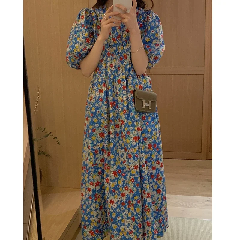 Summer V-neck Floral Dress Korean Style Loose Flower Printed Dress Women Clothes Casual Short Sleeve A-line Dress Vestidos 27991