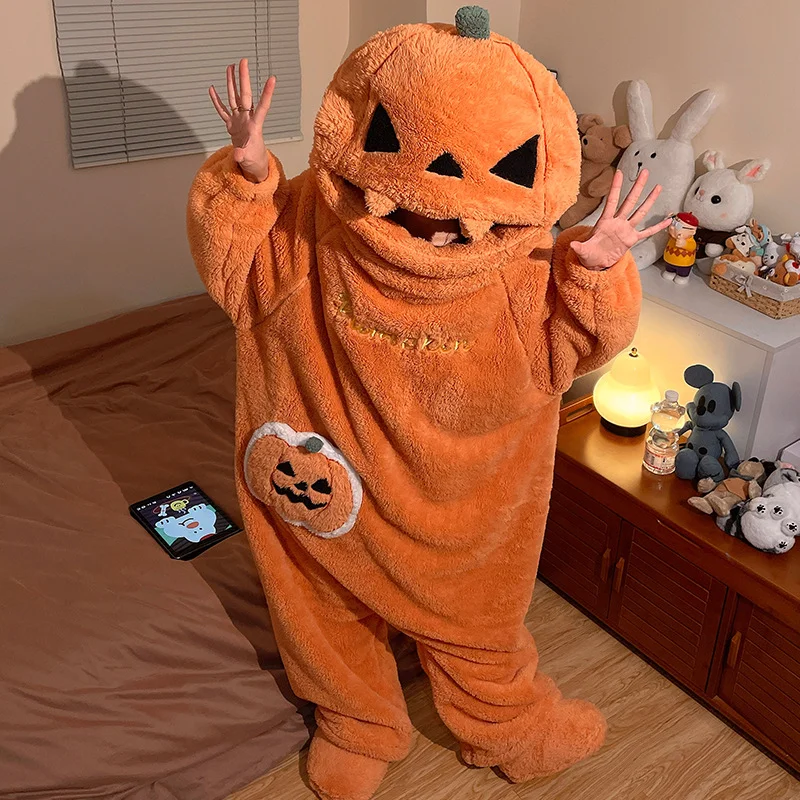 Halloween Funny Pumpkin Pajamas One-piece Cral Fleece Thick and Warm Home Wear Autumn Winter for Women