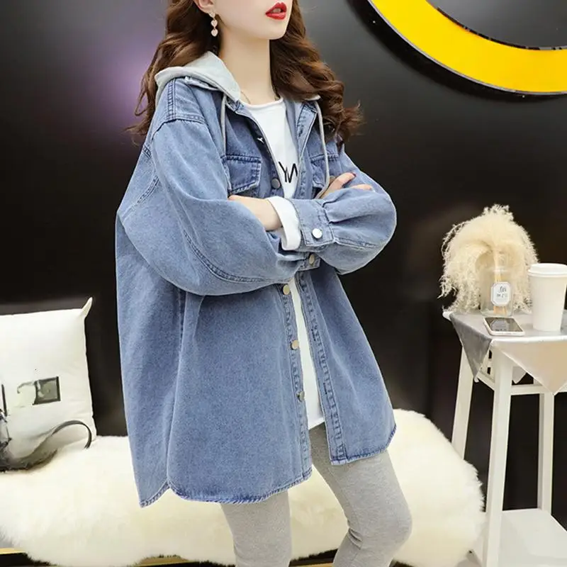 

Dimanaf 2024 New Women Blouse Coat Jackets Autumn Casual Denim Blue Hat Outerwear Long Sleeve Loose Button Blouse