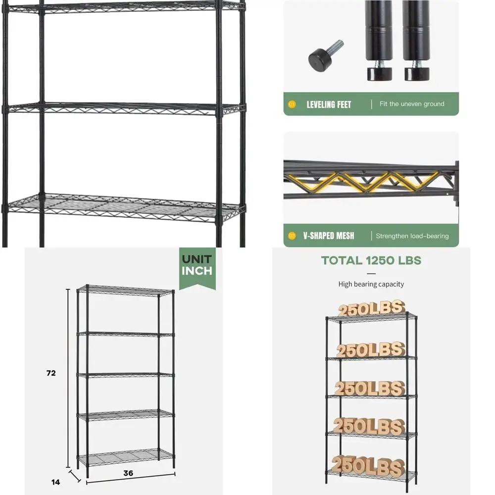 

Large Heavy-Duty 5-Shelf Metal Storage Rack, 14D x 36W x 72H, 1250 lbs Capacity, Black