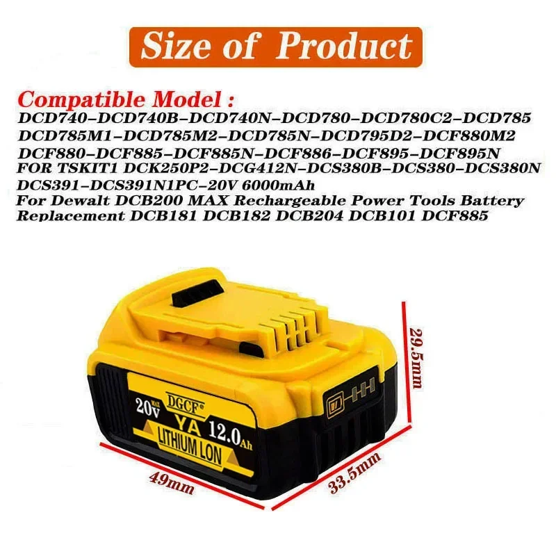 20V /6Ah/8Ah/12Ah for Dewalt DCB200 Battery Replacement Battery Compatible with DCB206 DCB207 DCB204 DCB203 +battery charger