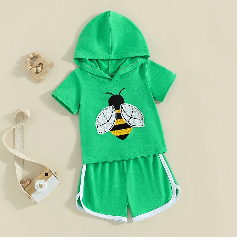 Toddler Boy Summer Outfit Bee Embroidery Short Sleeve Hood Tops with Elastic Waist Shorts 2 Pcs Clothes