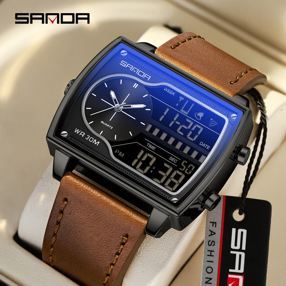 ساعة ساندا فاخرة للرجال كوارتز إلكترونية مقاومة للماء بشاشة مزدوجة كوارتز كوارتز من الفولاذ/الجلد/الشريط المطاطي ساعات رجالية