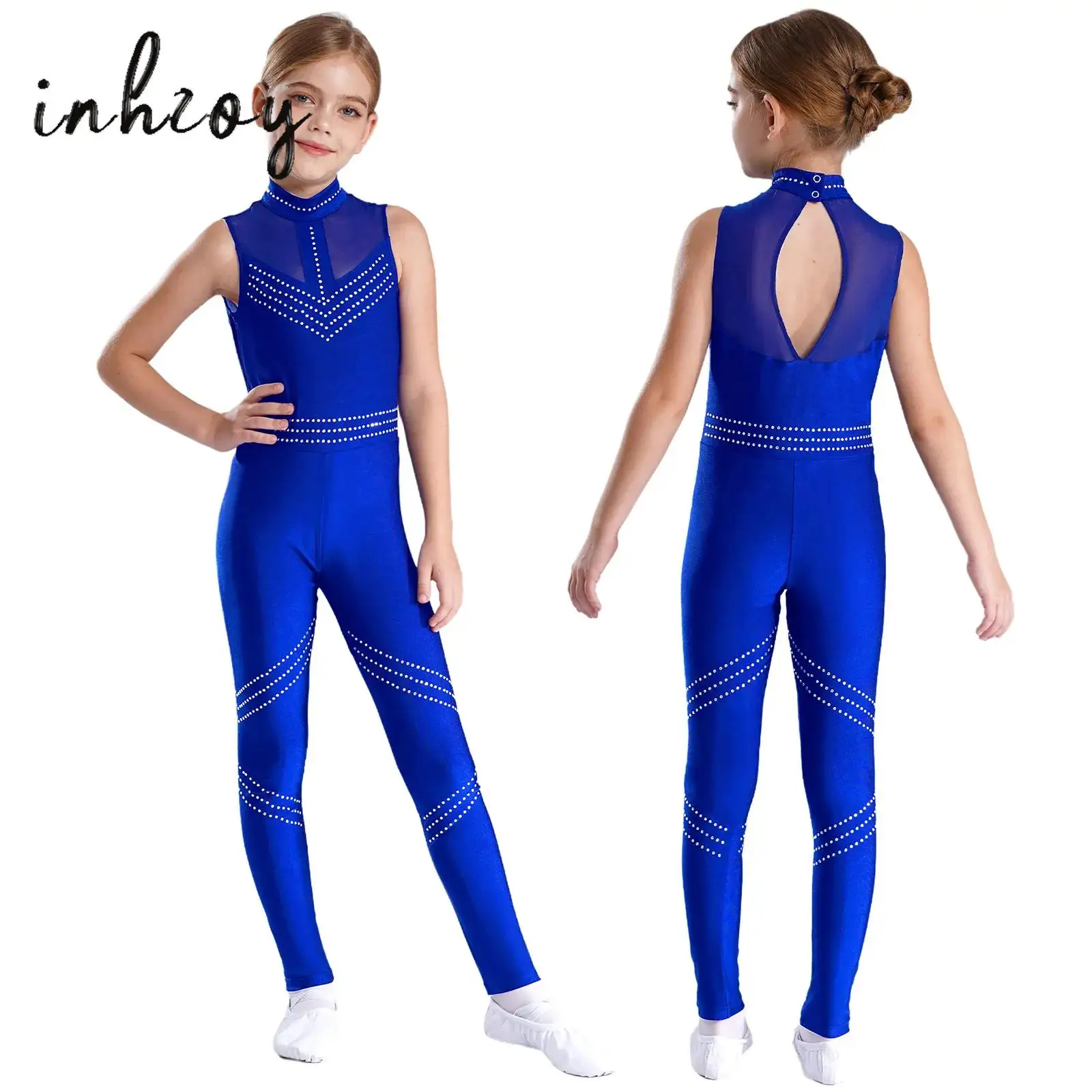 

Kid Girl Gymnastics Jumpsuits Sleeveless Rhinestone Overalls Unitard Dancewear Figure Skating Full Body Leotard Bodysuit Costume