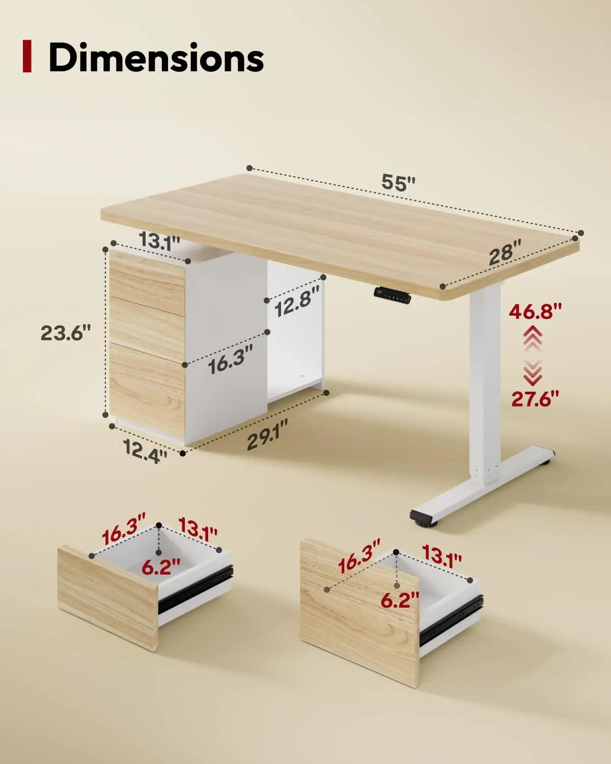 Standing Desk Electric Adjustable Height w/ Drawers Dual Motor 55