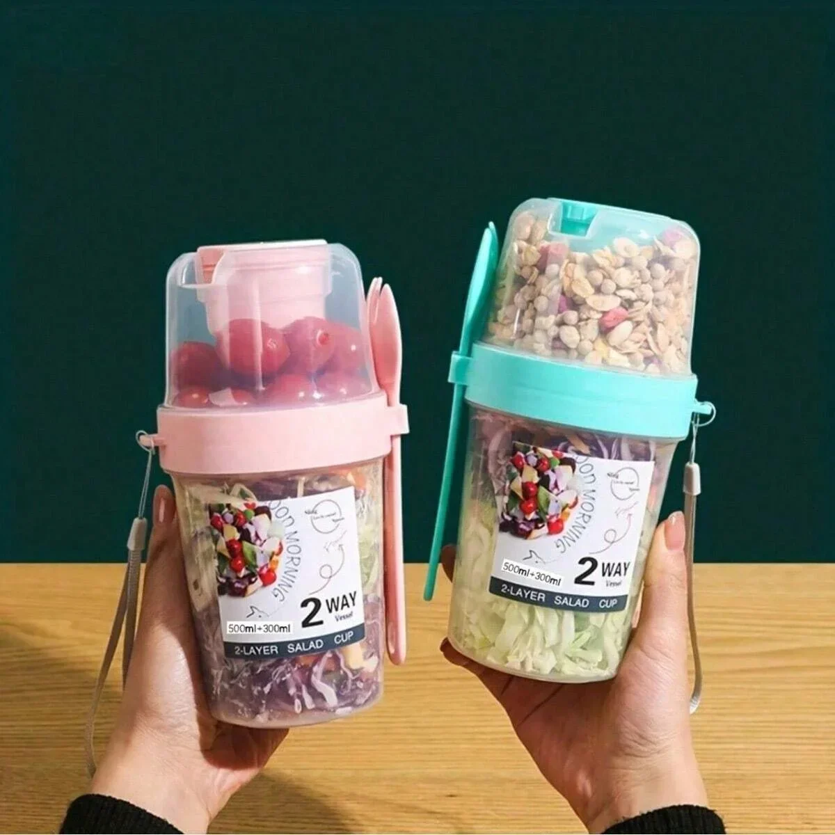 Tazas de desayuno On The Go, taza para ensalada para llevar y ir, yogur, cereales, avena durante la noche, aperitivos, recipientes perfectos y aderezo para ensalada Ho