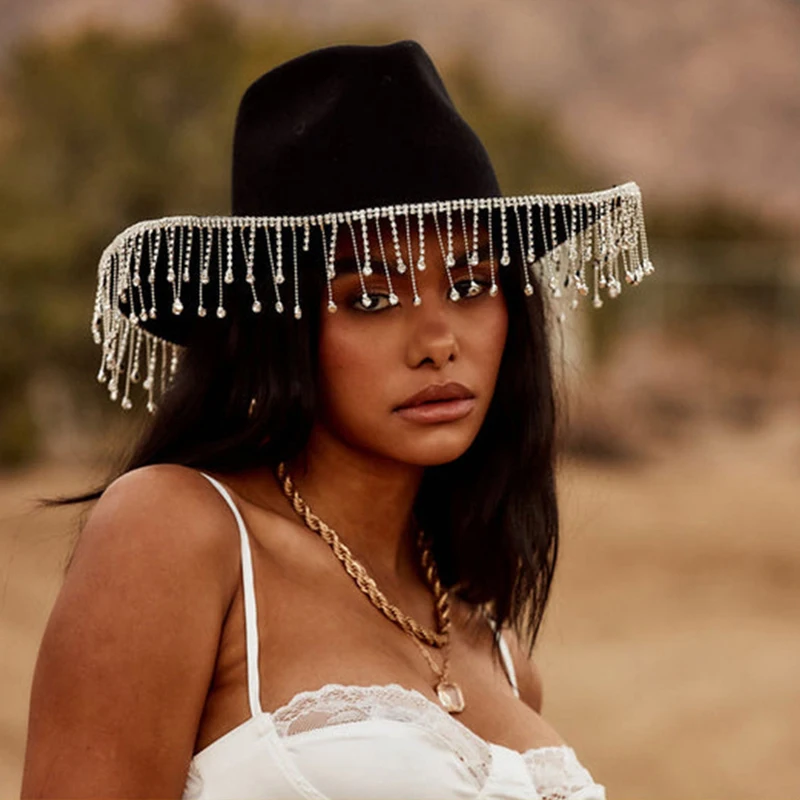 Chapeau de cowboy avec pompon pour femme, frange en biscuits, chapeau de cow-girl occidental, robe de soirée solide en cristal, chapeaux de mariée, chapeau haut de forme à la mode