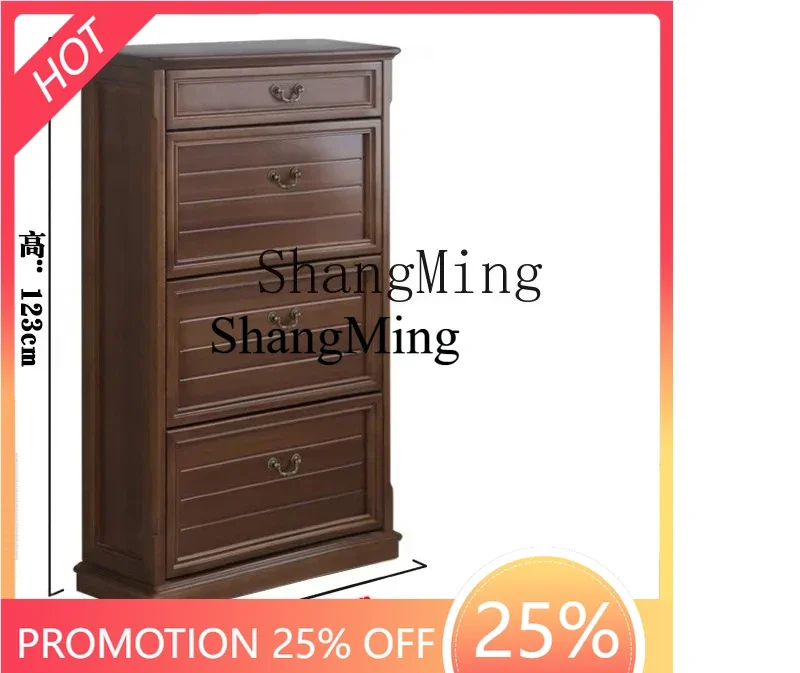 

FG all-solid wood tipping bucket small apartment ultra-thin entrance shoe cabinet door household entry log corridor storage