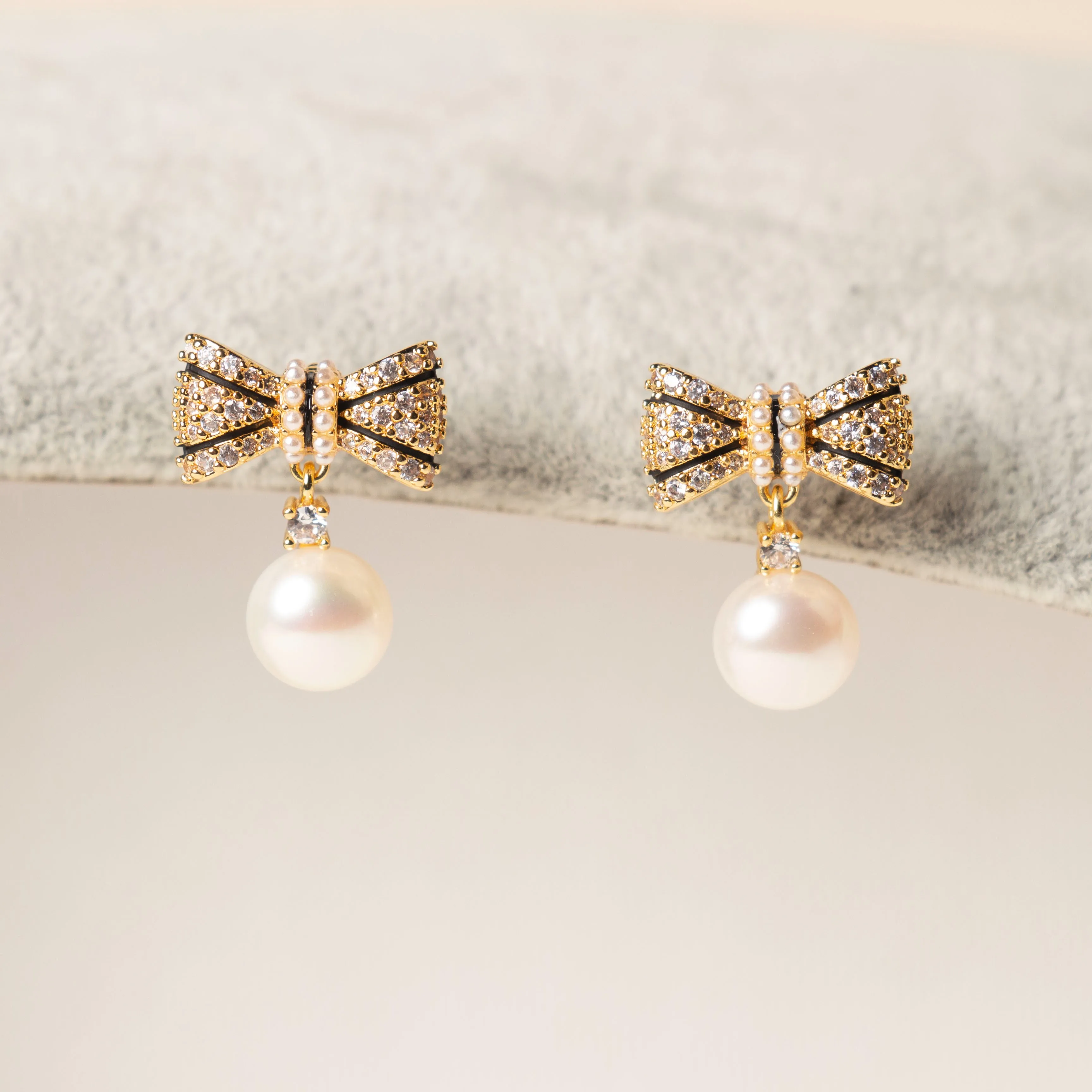 

New Arrival Natural Freshwater Pearl Shiny Zircon Bowknot 14K Gold Filled Female Tassels Stud Earrings Jewelry For Women Gift