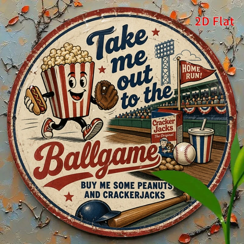 Take Me Out to The Ballgame Round Sign, Retro Baseball Wall Decor, Vintage Sports Metal Sign for Fans