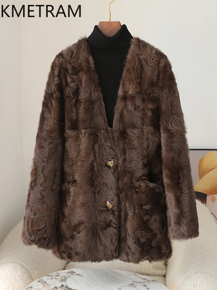 100% 천연 양모 양가죽 양면 모피 재킷 여성용 럭셔리 우아한 브이넥 리얼 퍼 코트 여성 겨울 의류 2025