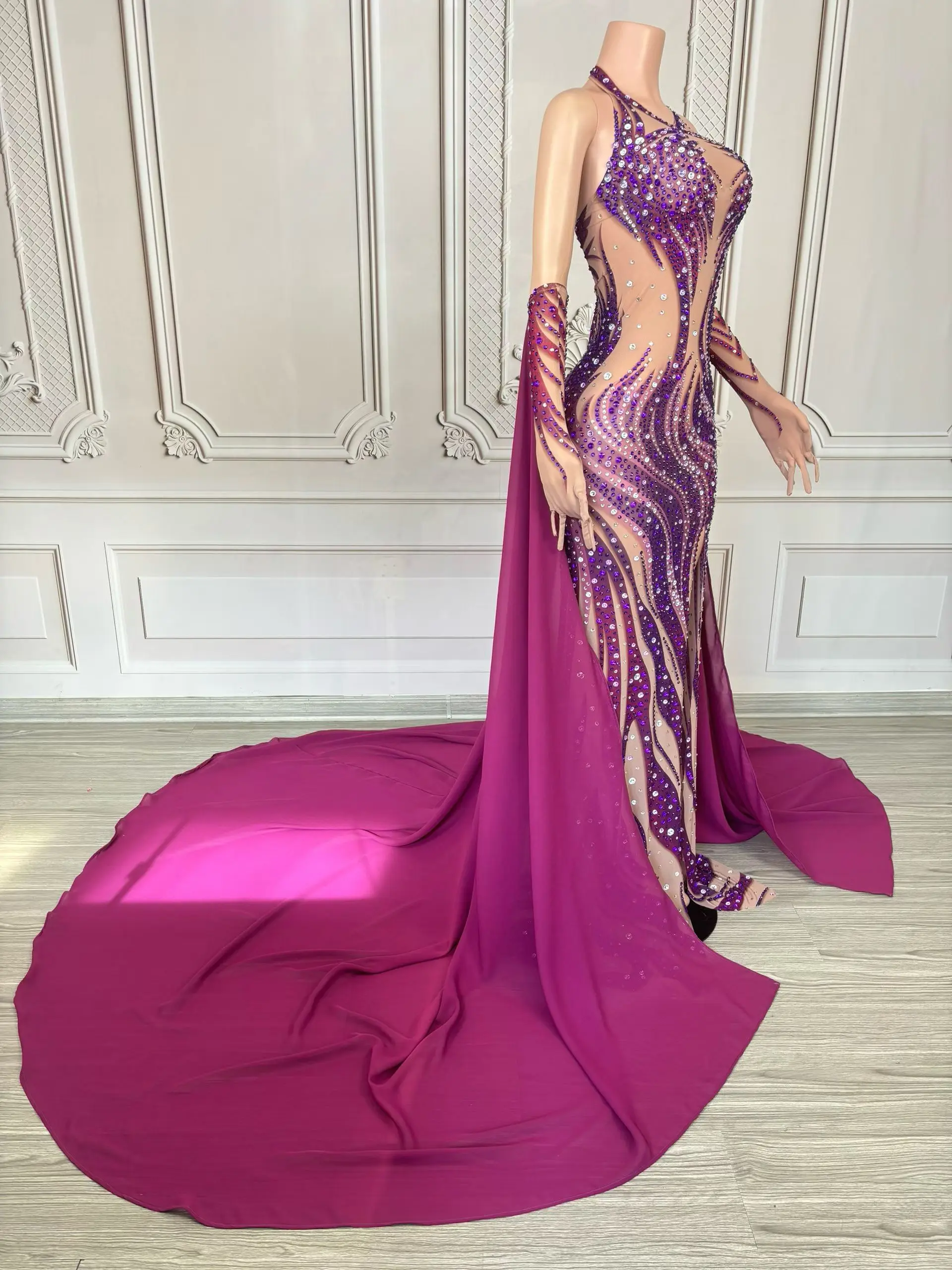

Puti Fashion Women Evening Gown Purple Printed See Through Mesh Trailing Skirt Gloves Wedding Birthday Cocktail Prom Gowns