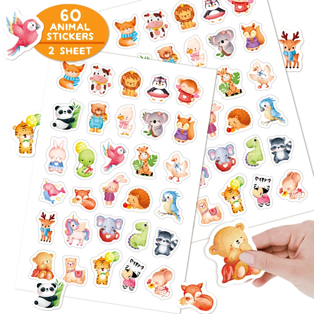 60-teiliges Cartoon-Tier-Aufkleber-Set für Kinder, wiederverwendbar, wasserdicht, DIY-Puzzle, Lernen, Erkenntnis, Spielzeug, niedliche Szenenaufkleber für Bücher
