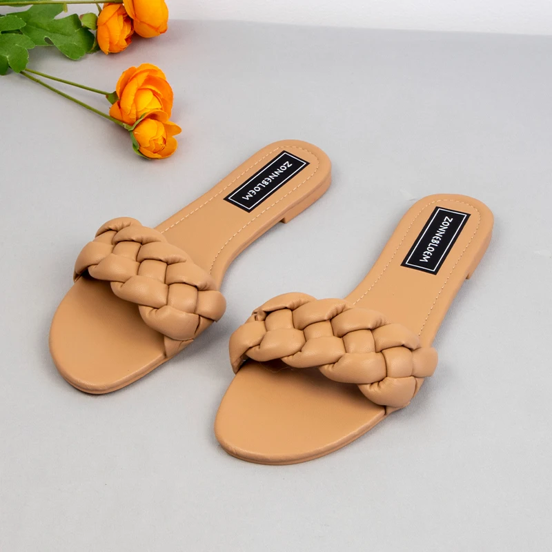 New Designer Fashion Summer Sandals Women Flat Bottom Ladies PU Leather Slides Weave Slip on Sandal Woman Outside Beach Shoes