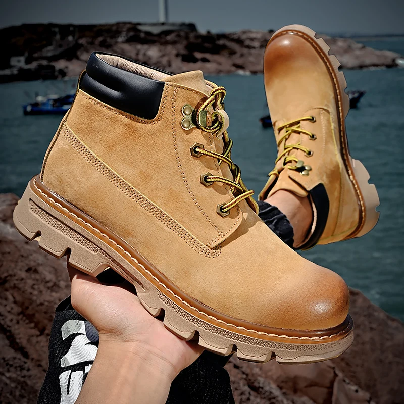 

2025 New Men's Big Yellow Boots Durable Anti - Skid Sole High - Top Chunky Sole Winter Fleece Lined British Work Boots Motorcycl