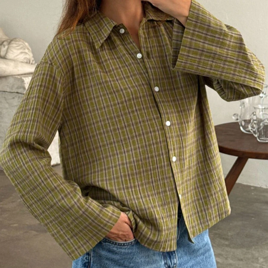 

Женская клетчатая рубашка, винтажная полиэстеровая классическая клетчатая рубашка с длинным рукавом, повседневные топы, женская офисная уличная одежда