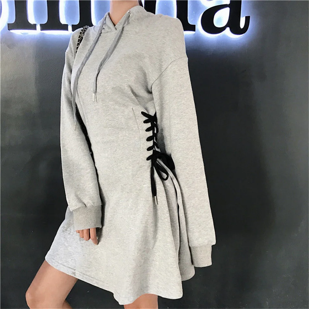 Streetwear Mini Dress Spring Autumn Korean High Waist Lace Up Slim Vestidos Women Harajuku Hooded Bandage A Line Dresses