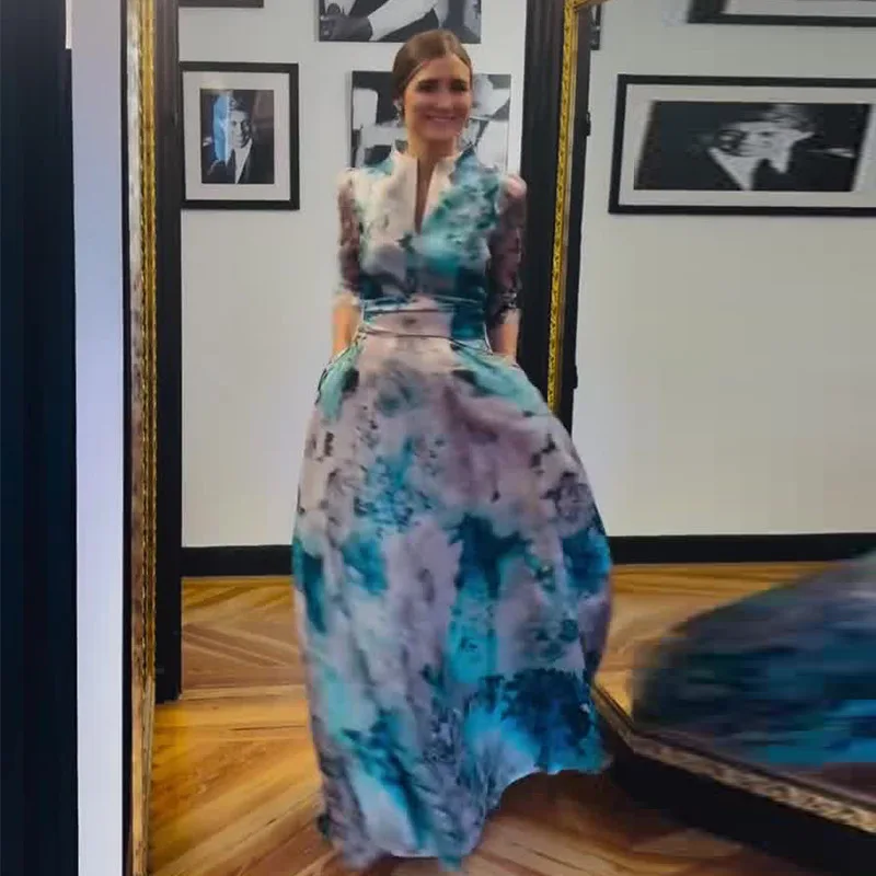 

Модное трикотажное платье миди с принтом, приталенное, из хлопка и полиэстера, с рукавом три четверти, для женщин, весна