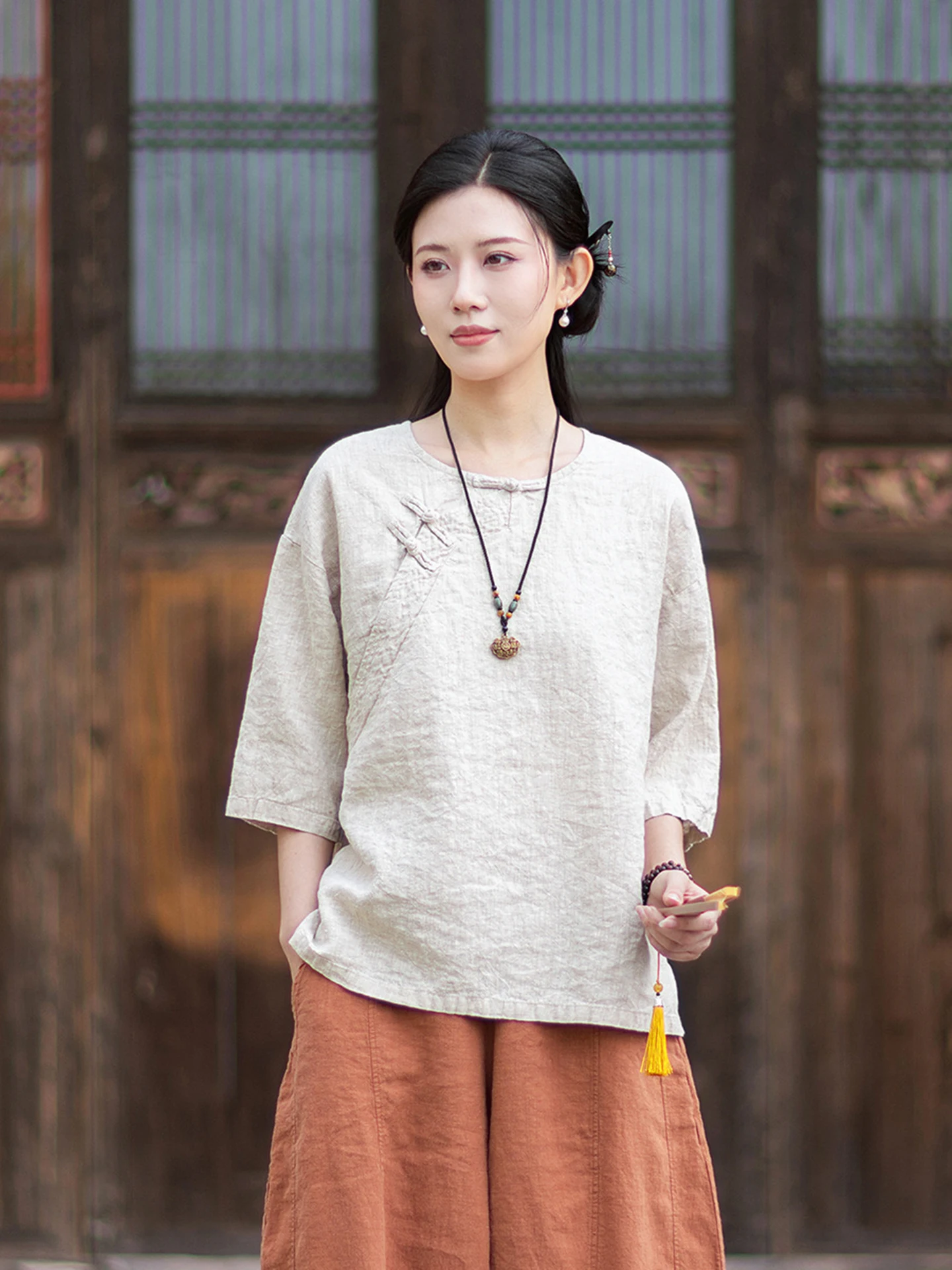 Cotton Linen Women's Top Zen Style Short Sleeve Tea Costume New Chinese Style Loose Fit Breathable Comfortable round Neck T-s...