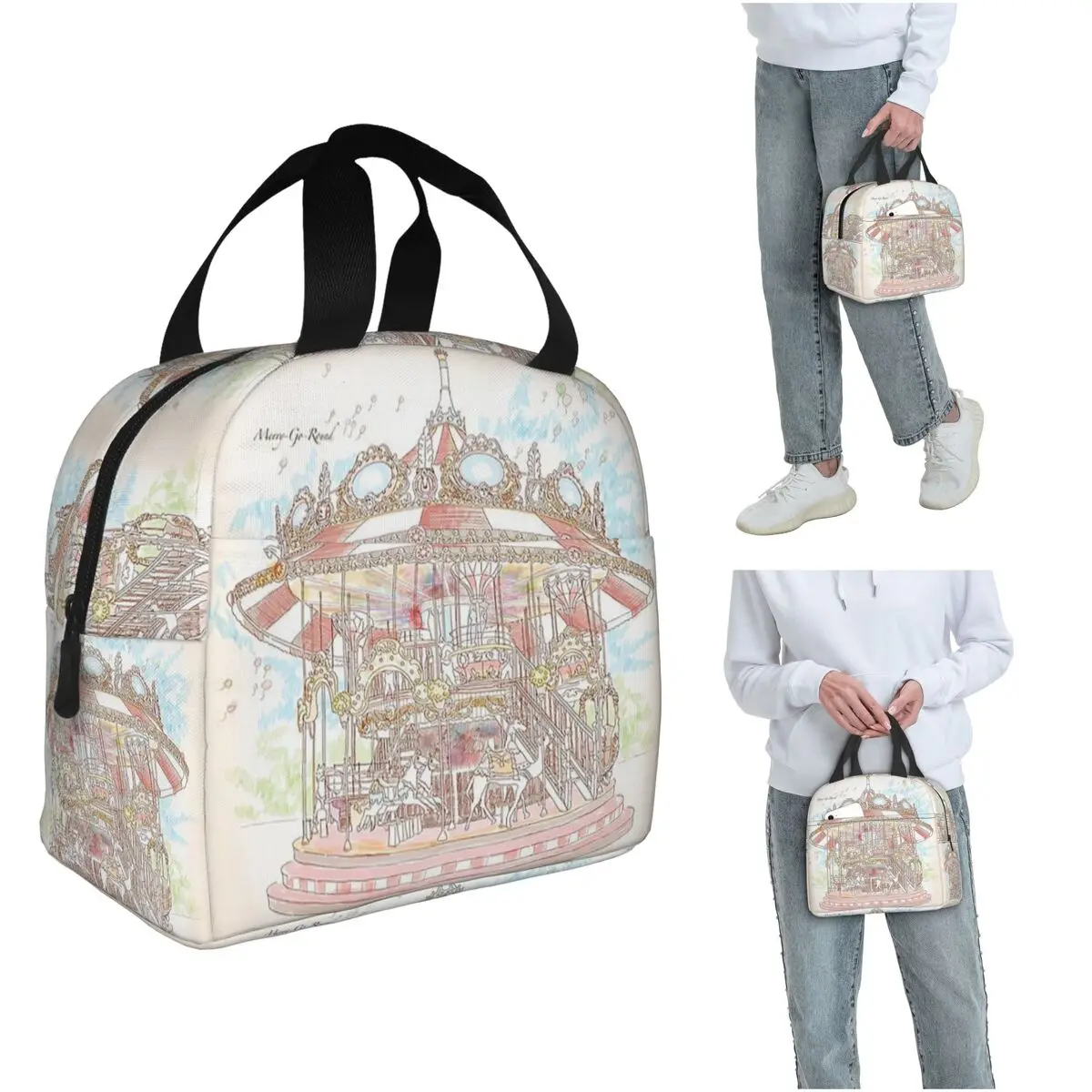 Pastel Circus Carousel Insulated Lunch Bag for Women Children Portable Food Boxes Thermal Lunch Box Tote